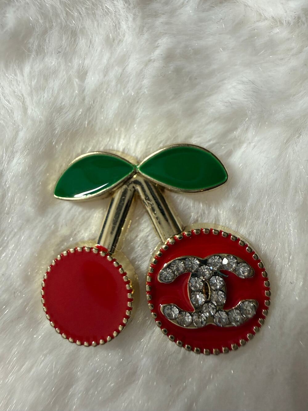 Gold Tone Charm with Cherries and Rhinestones